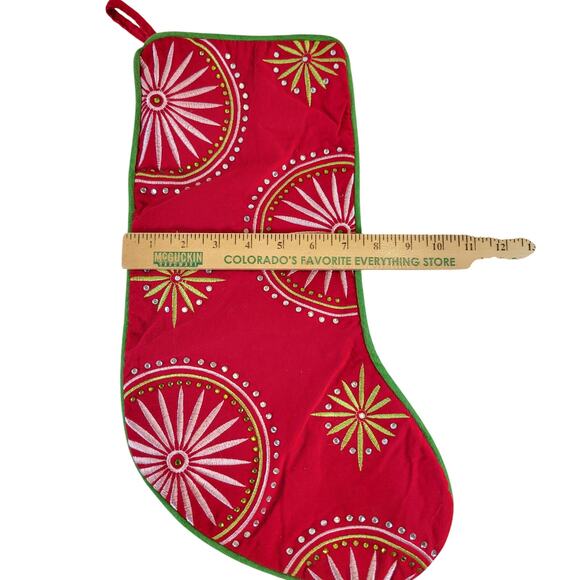 Christmas Stockings Set of 2 Green Red Embroidered Rhinestone 19" Holiday Decor - Picture 3 of 16